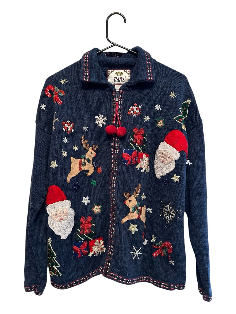 Vintage 2001 Y2K Tiara Navy Embroidered Holiday Zip-Front Cardigan Small